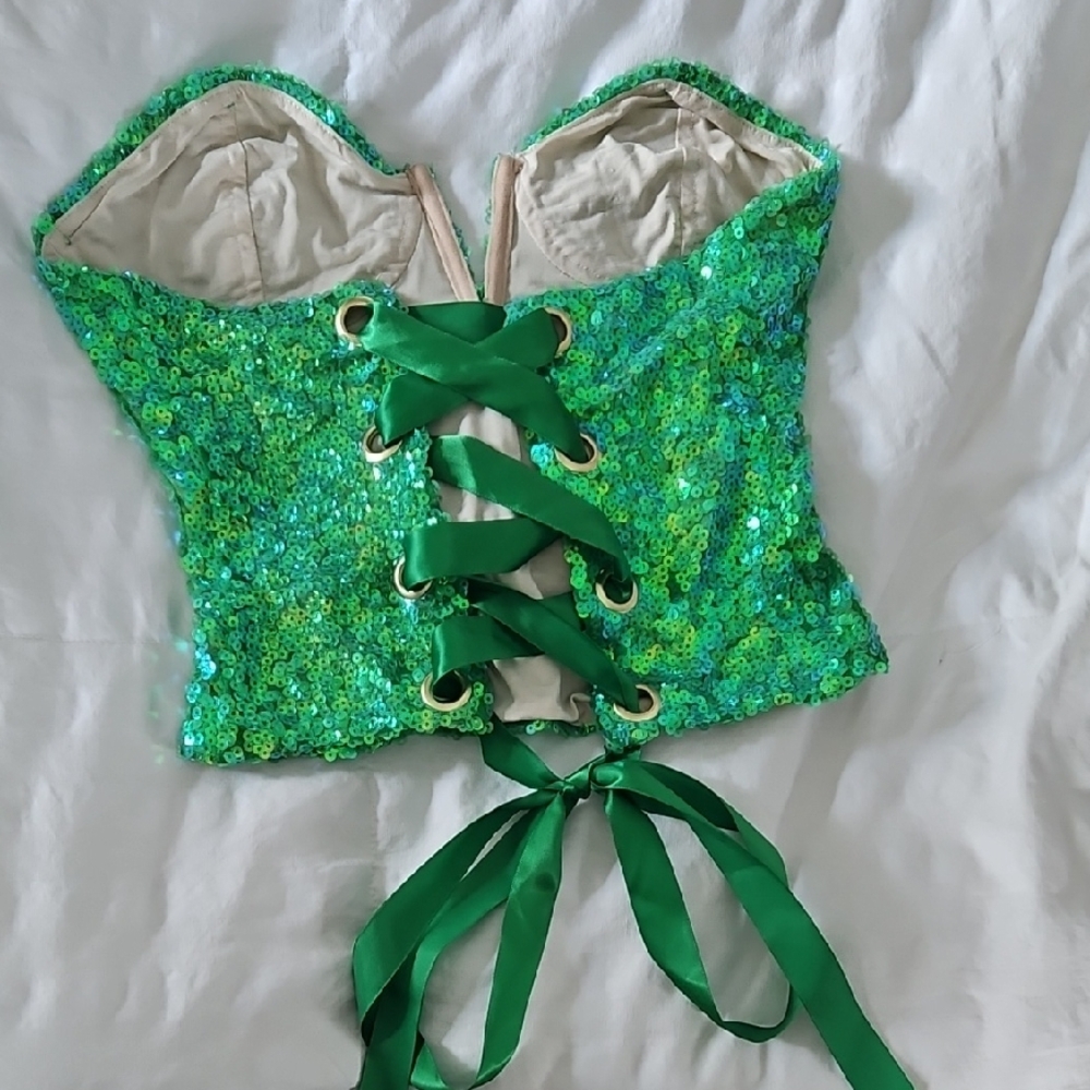 Green Sequin Lace-Up Corset Top